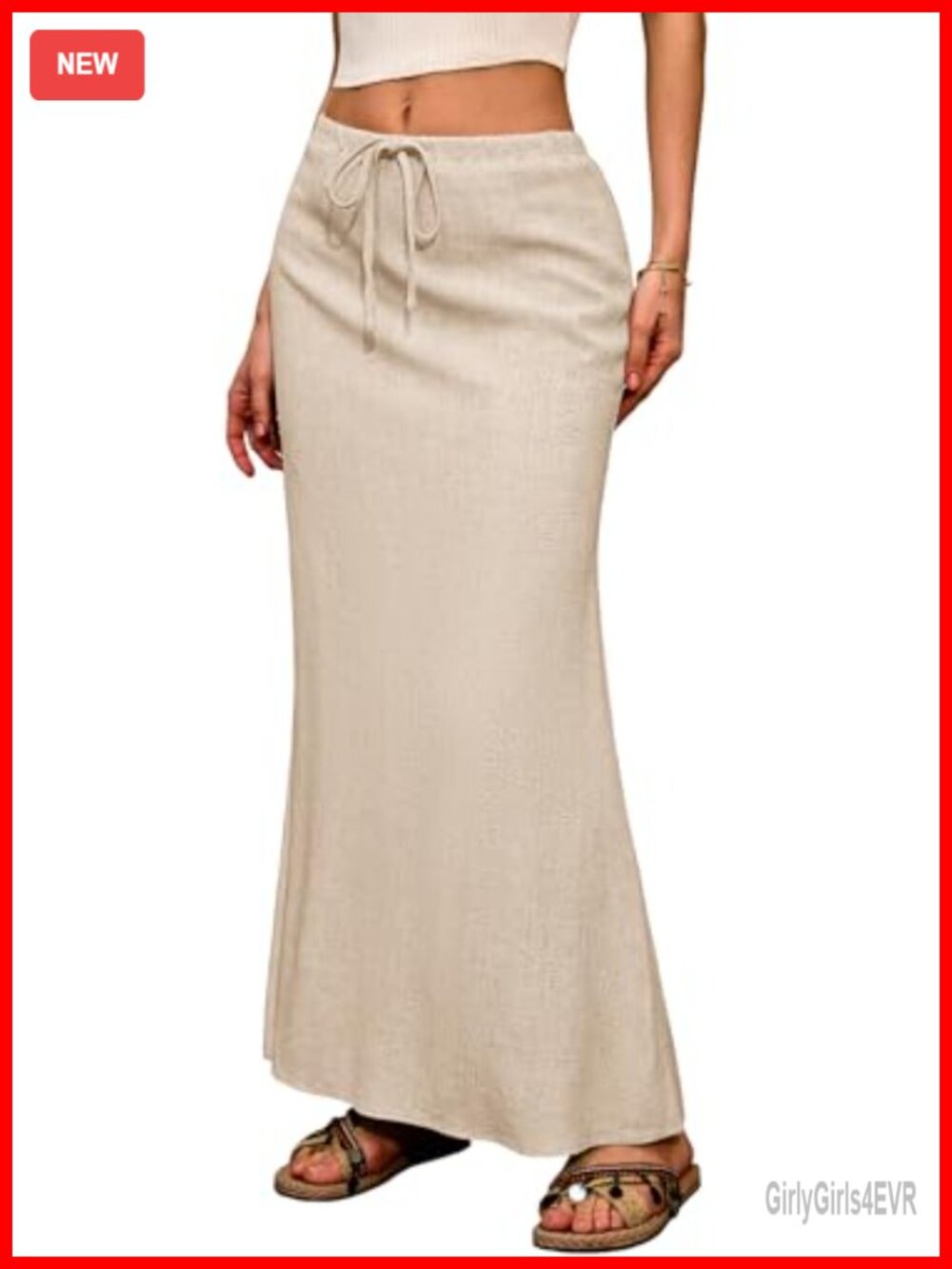 Linen Blend Flared Maxi Skirt Drawstring Ankle Length Summer Boho